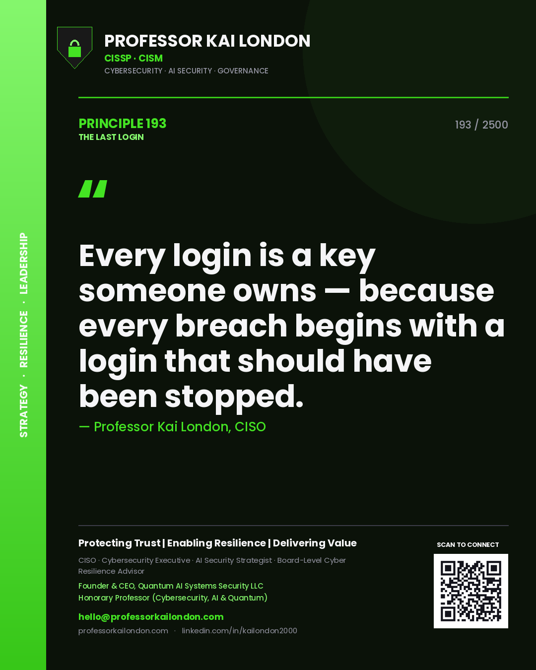 Professor Kai London principle 193: Every login is a key someone owns — because every breach begins with a login that should have been stopped.