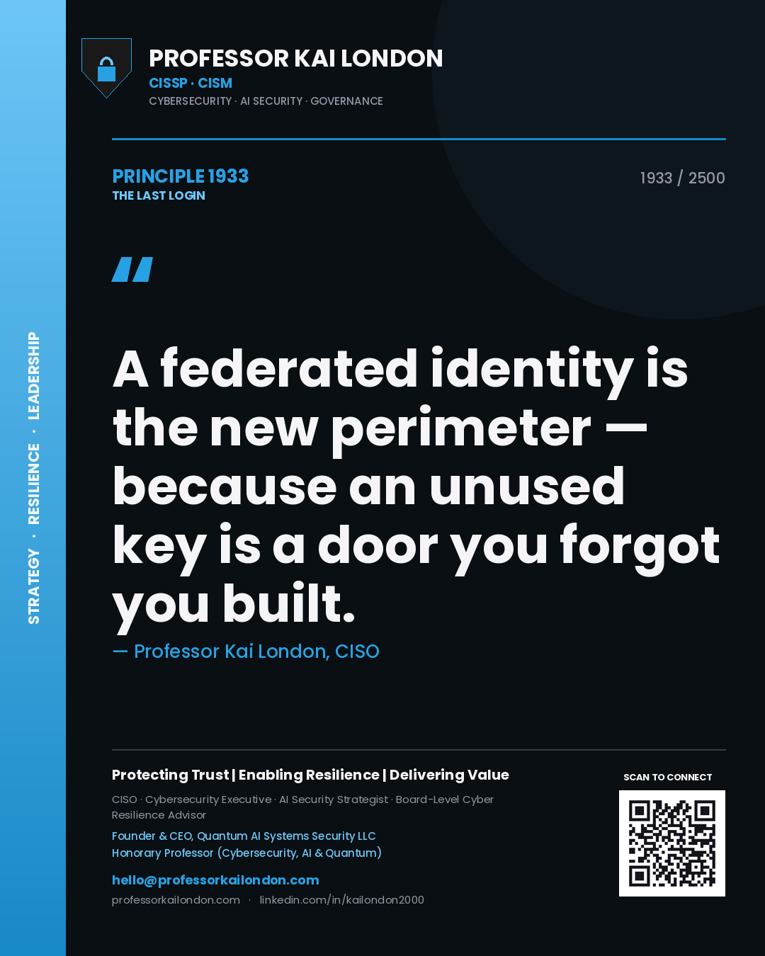 Quote card by Professor Kai London reading 'A federated identity is the new perimeter — because an unused key is a door you forgot you built.'. From the book The Last Login.