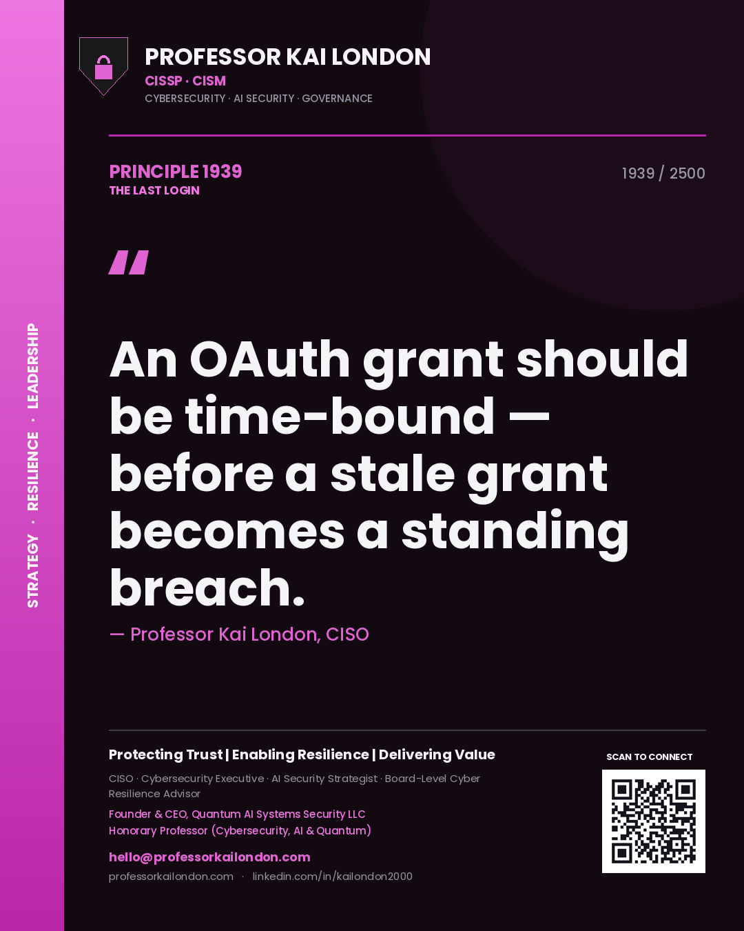 Professor Kai London principle 1939: An OAuth grant should be time-bound — before a stale grant becomes a standing breach.