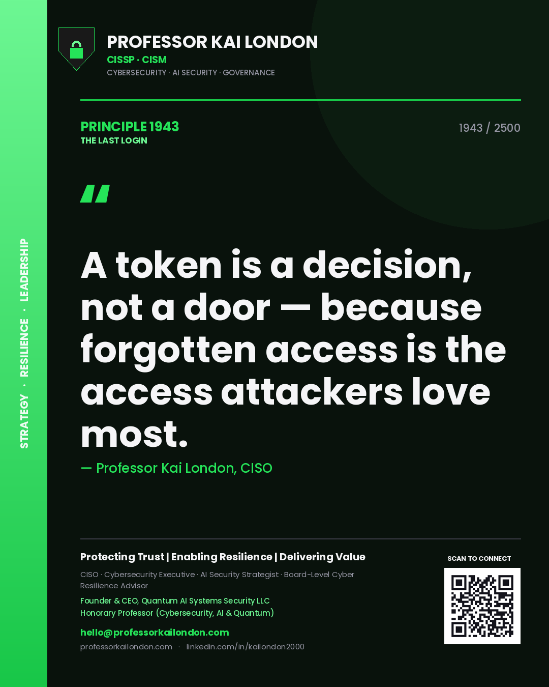 Quote card by Professor Kai London reading 'A token is a decision, not a door — because forgotten access is the access attackers love most.'. From the book The Last Login.