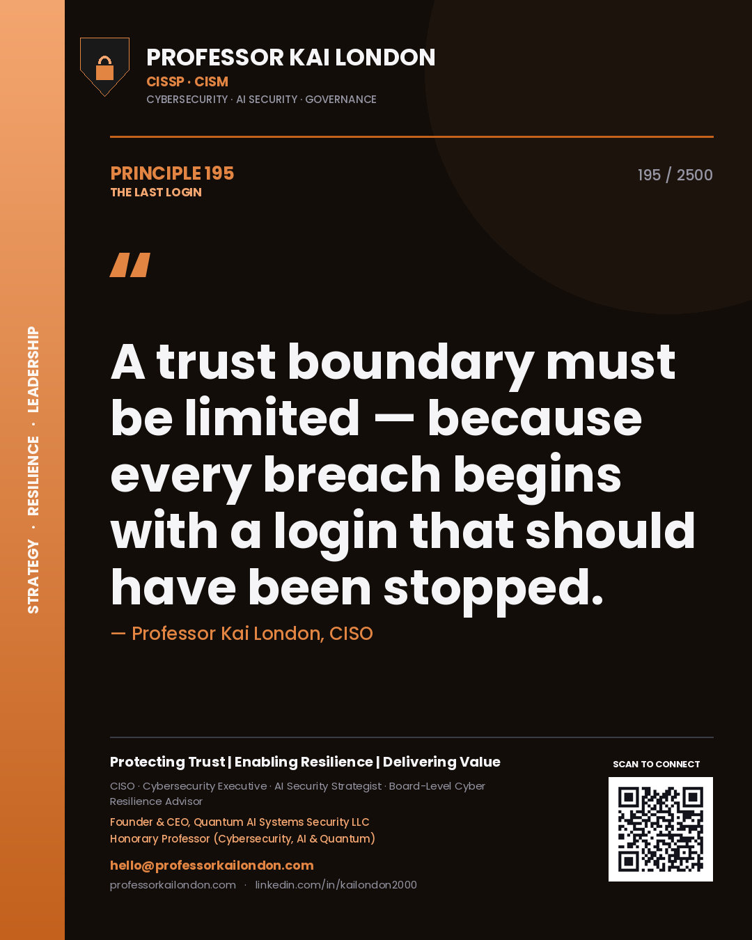 Professor Kai London principle 195: A trust boundary must be limited — because every breach begins with a login that should have been stopped.