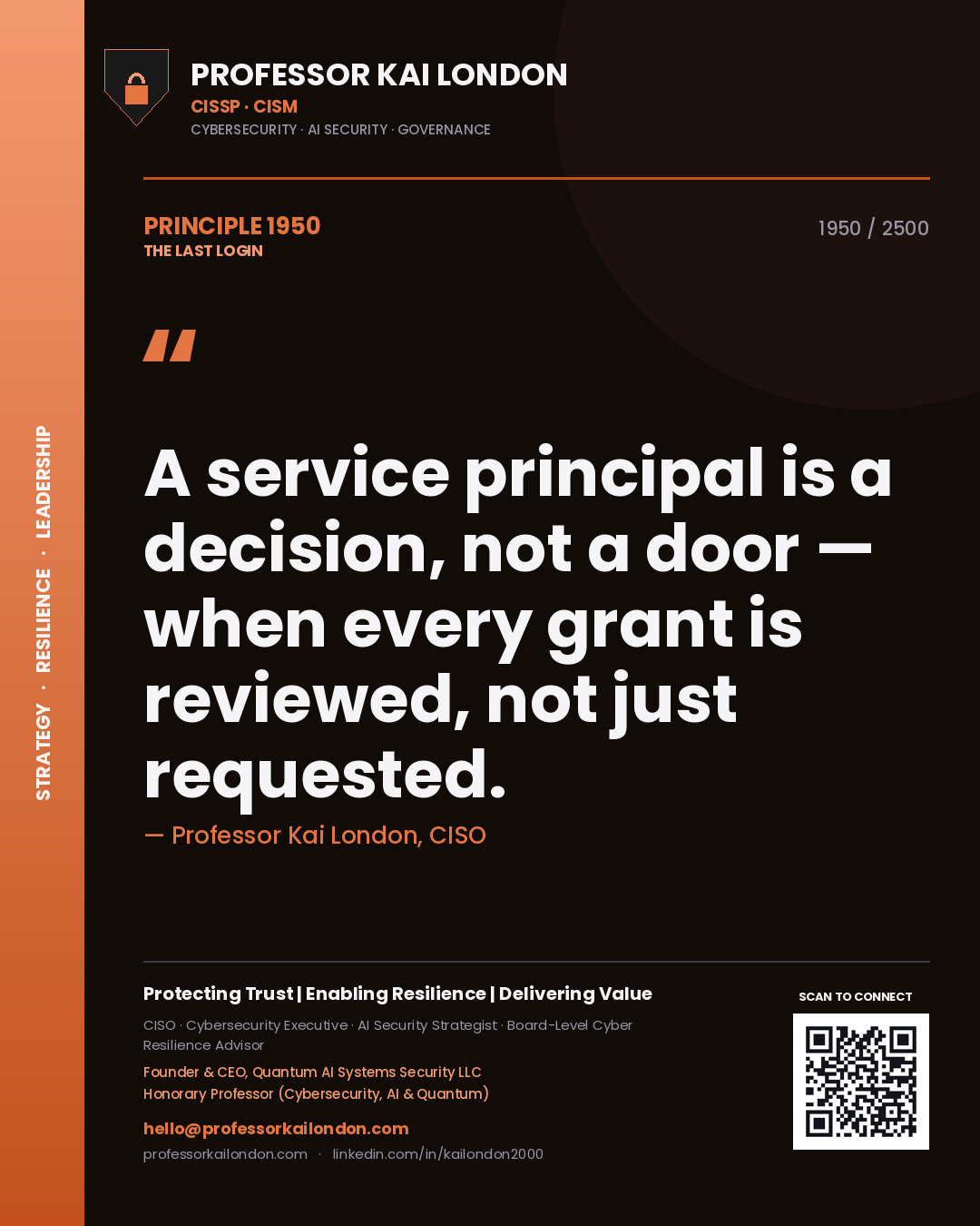 Quote card by Professor Kai London reading 'A service principal is a decision, not a door — when every grant is reviewed, not just requested.'. From the book The Last Login.