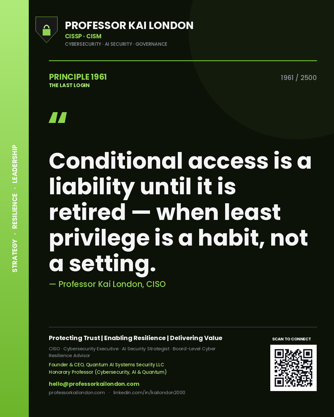 Quote card by Professor Kai London reading 'Conditional access is a liability until it is retired — when least privilege is a habit, not a setting.'. From the book The Last Login.