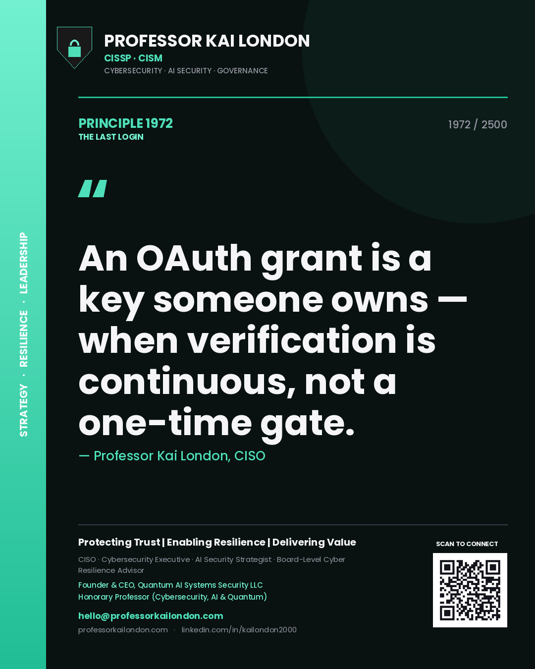 Professor Kai London principle 1972: An OAuth grant is a key someone owns — when verification is continuous, not a one-time gate.