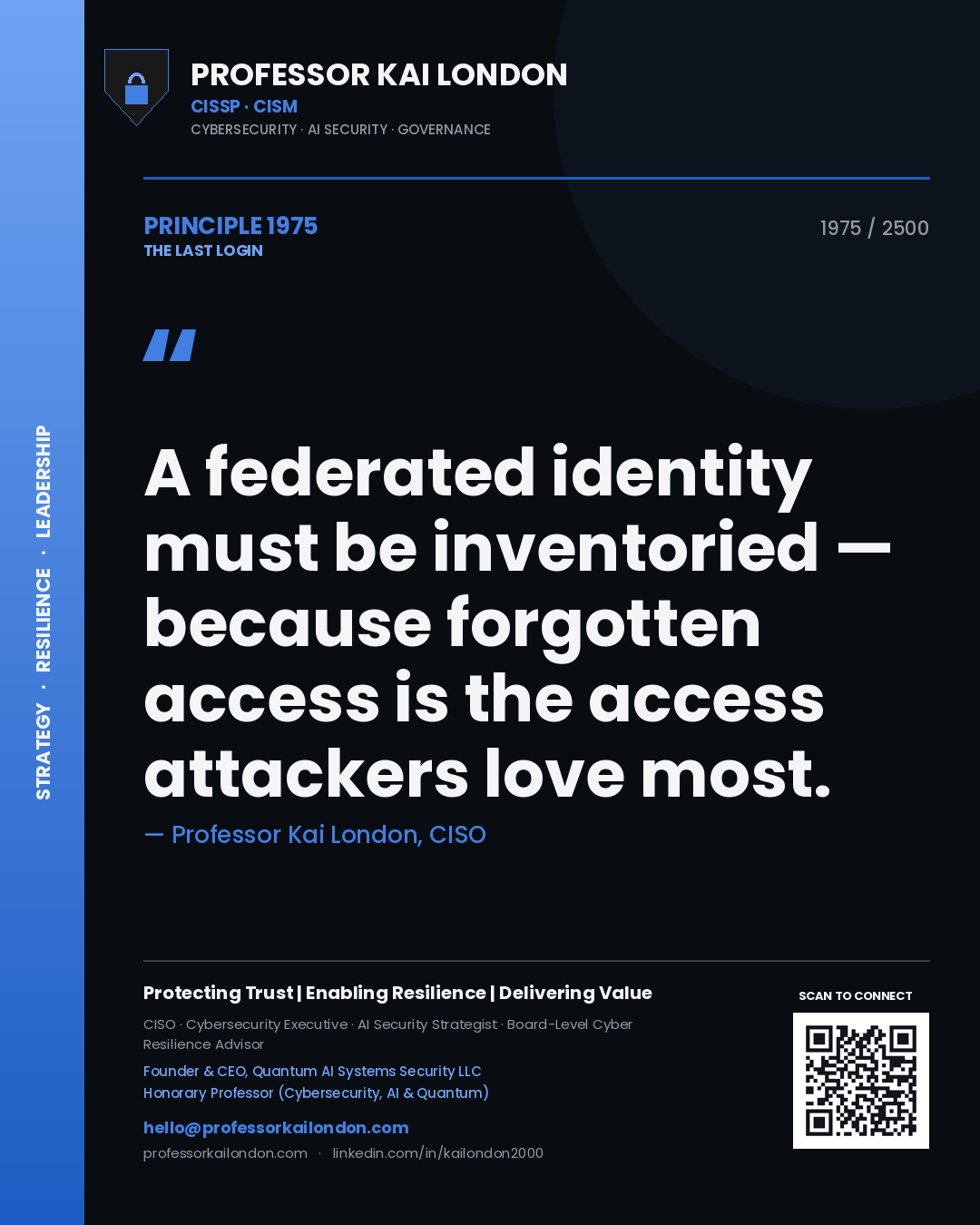 Quote card by Professor Kai London reading 'A federated identity must be inventoried — because forgotten access is the access attackers love most.'. From the book The Last Login.