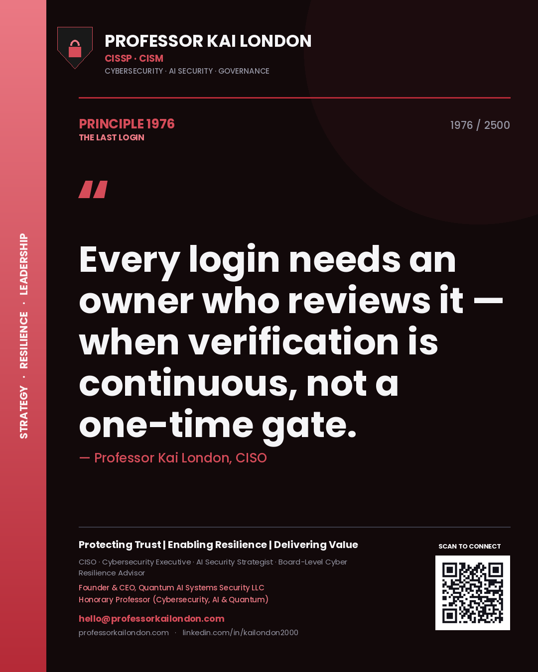 Professor Kai London principle 1976: Every login needs an owner who reviews it — when verification is continuous, not a one-time gate.