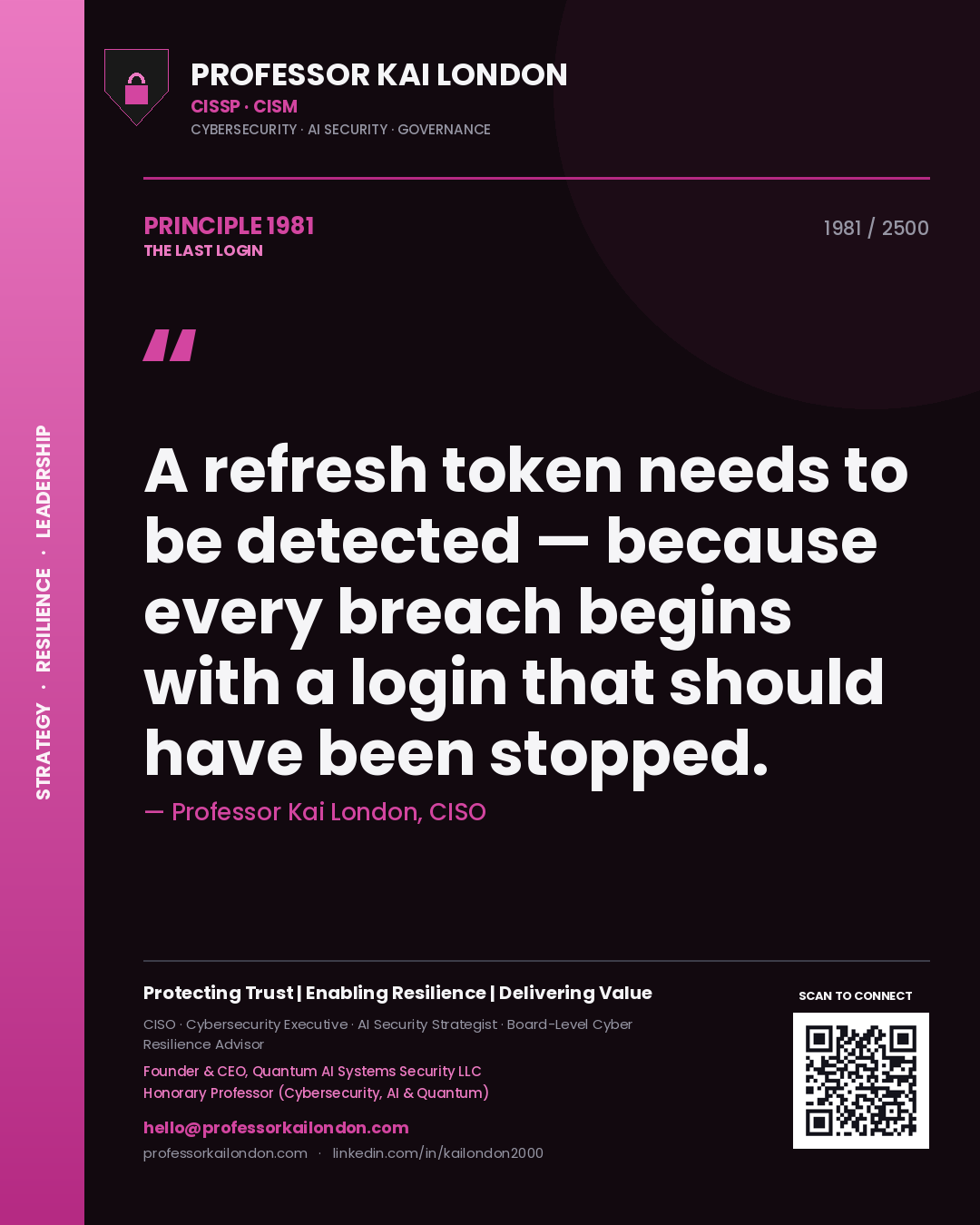 Professor Kai London principle 1981: A refresh token needs to be detected — because every breach begins with a login that should have been stopped.