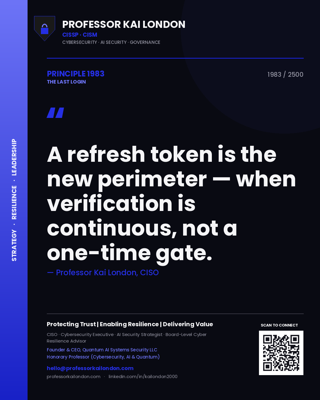 Professor Kai London principle 1983: A refresh token is the new perimeter — when verification is continuous, not a one-time gate.