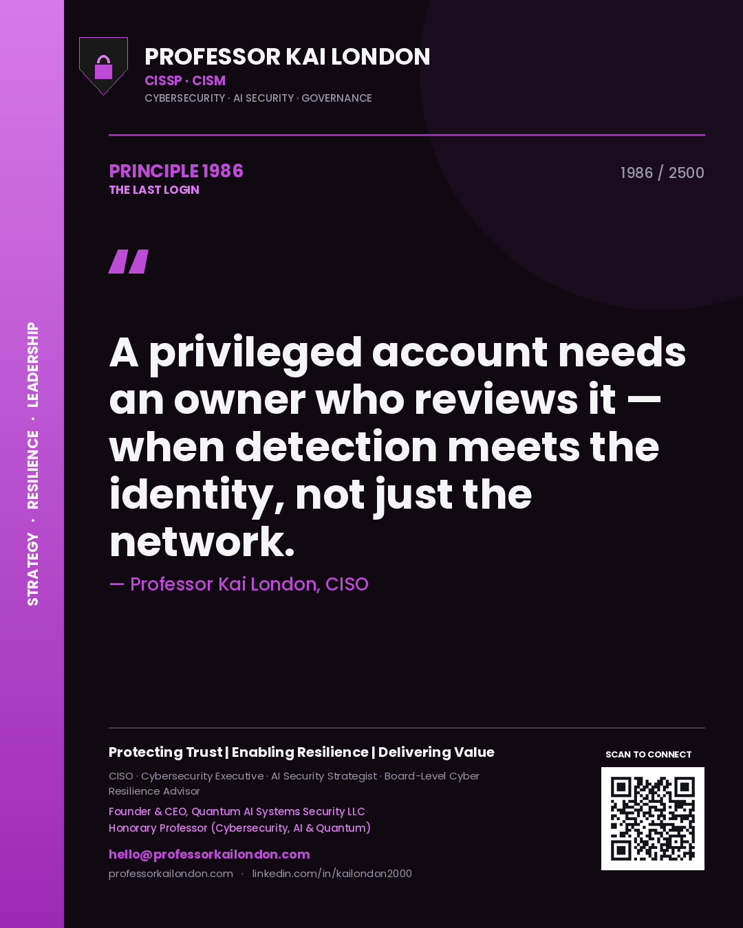 Quote card by Professor Kai London reading 'A privileged account needs an owner who reviews it — when detection meets the identity, not just the network.'. From the book The Last Login.