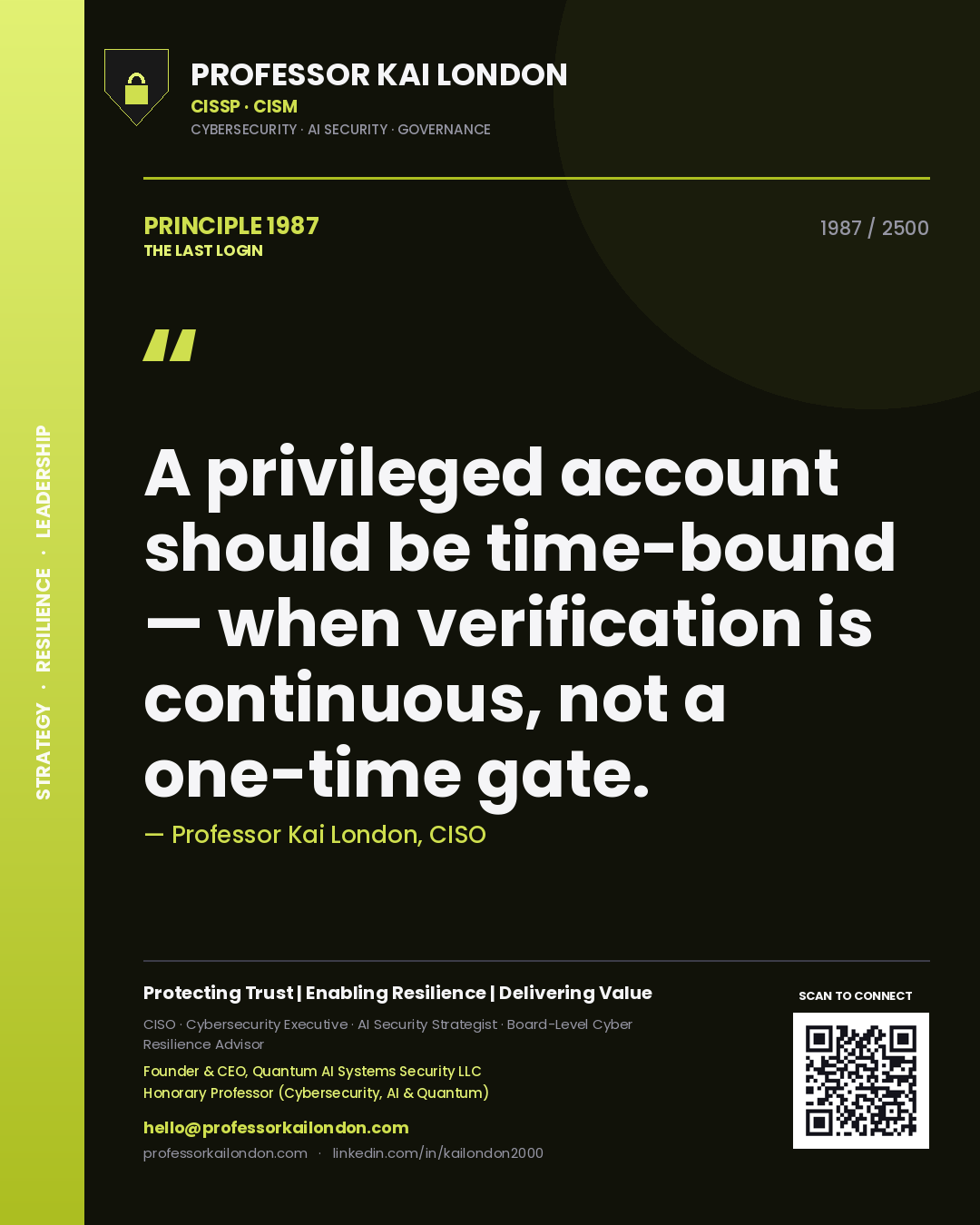 Professor Kai London principle 1987: A privileged account should be time-bound — when verification is continuous, not a one-time gate.