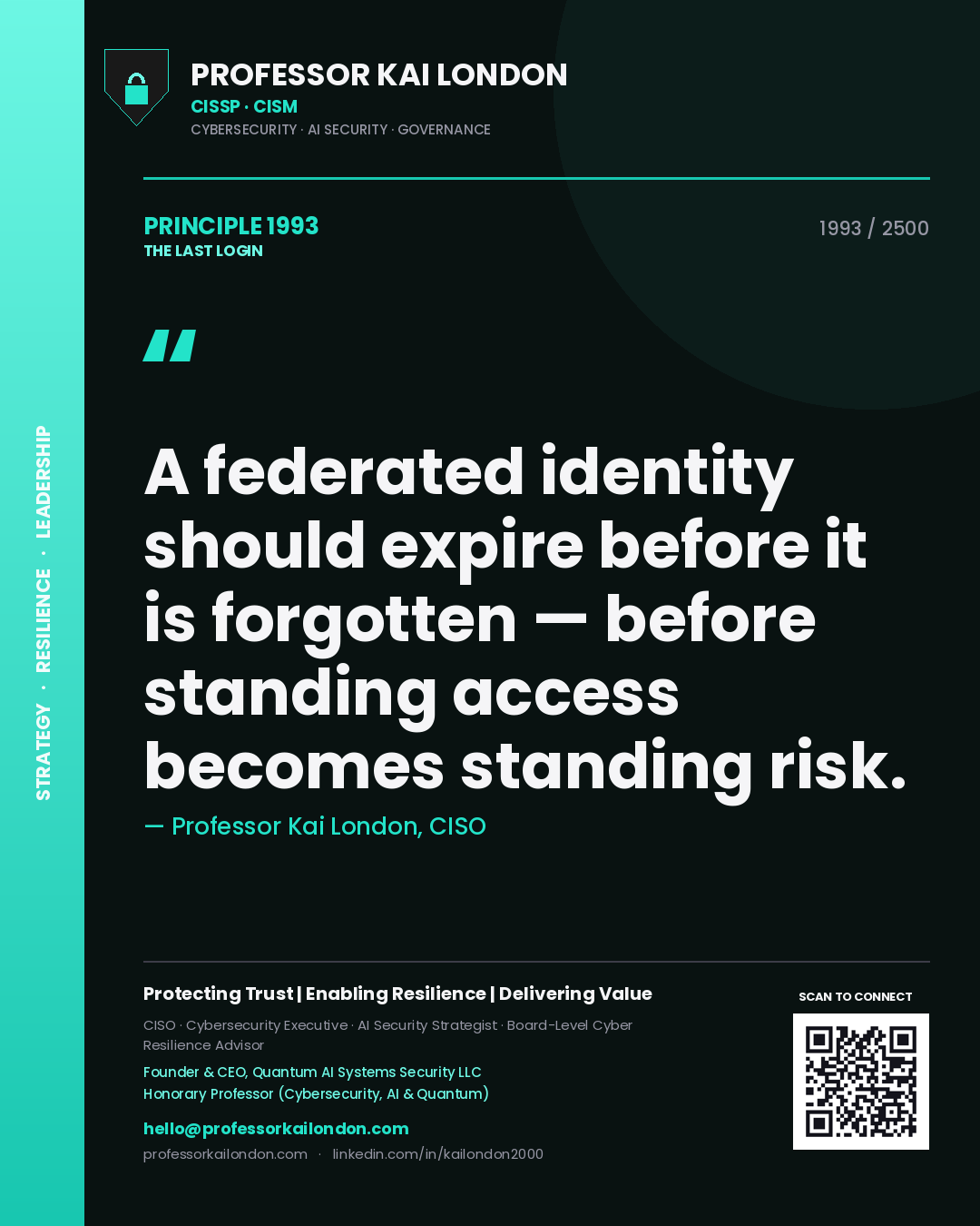 Quote card by Professor Kai London reading 'A federated identity should expire before it is forgotten — before standing access becomes standing risk.'. From the book The Last Login.