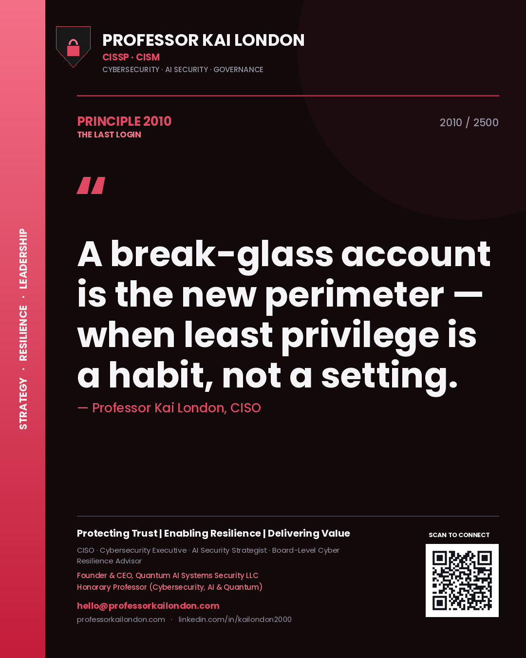 Professor Kai London principle 2010: A break-glass account is the new perimeter — when least privilege is a habit, not a setting.