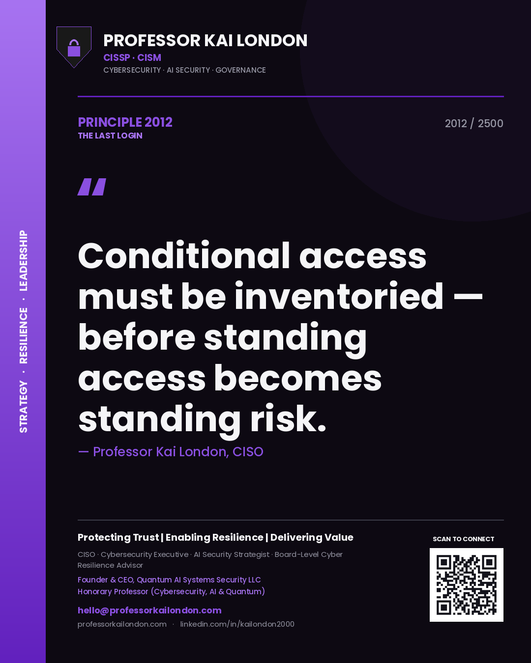 Quote card by Professor Kai London reading 'Conditional access must be inventoried — before standing access becomes standing risk.'. From the book The Last Login.