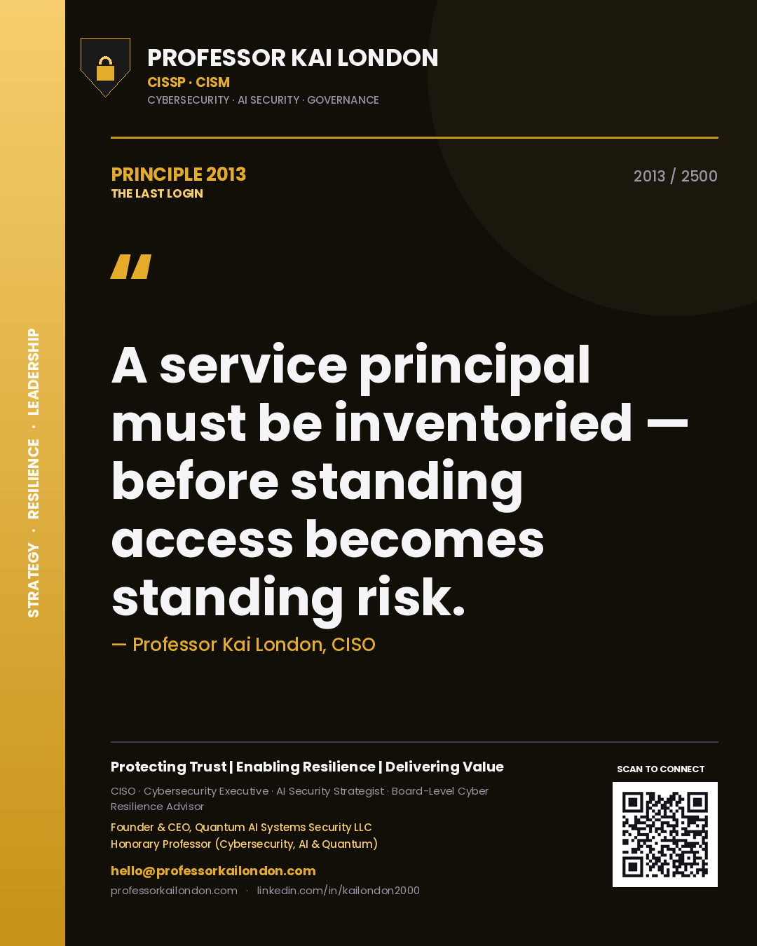 Quote card by Professor Kai London reading 'A service principal must be inventoried — before standing access becomes standing risk.'. From the book The Last Login.