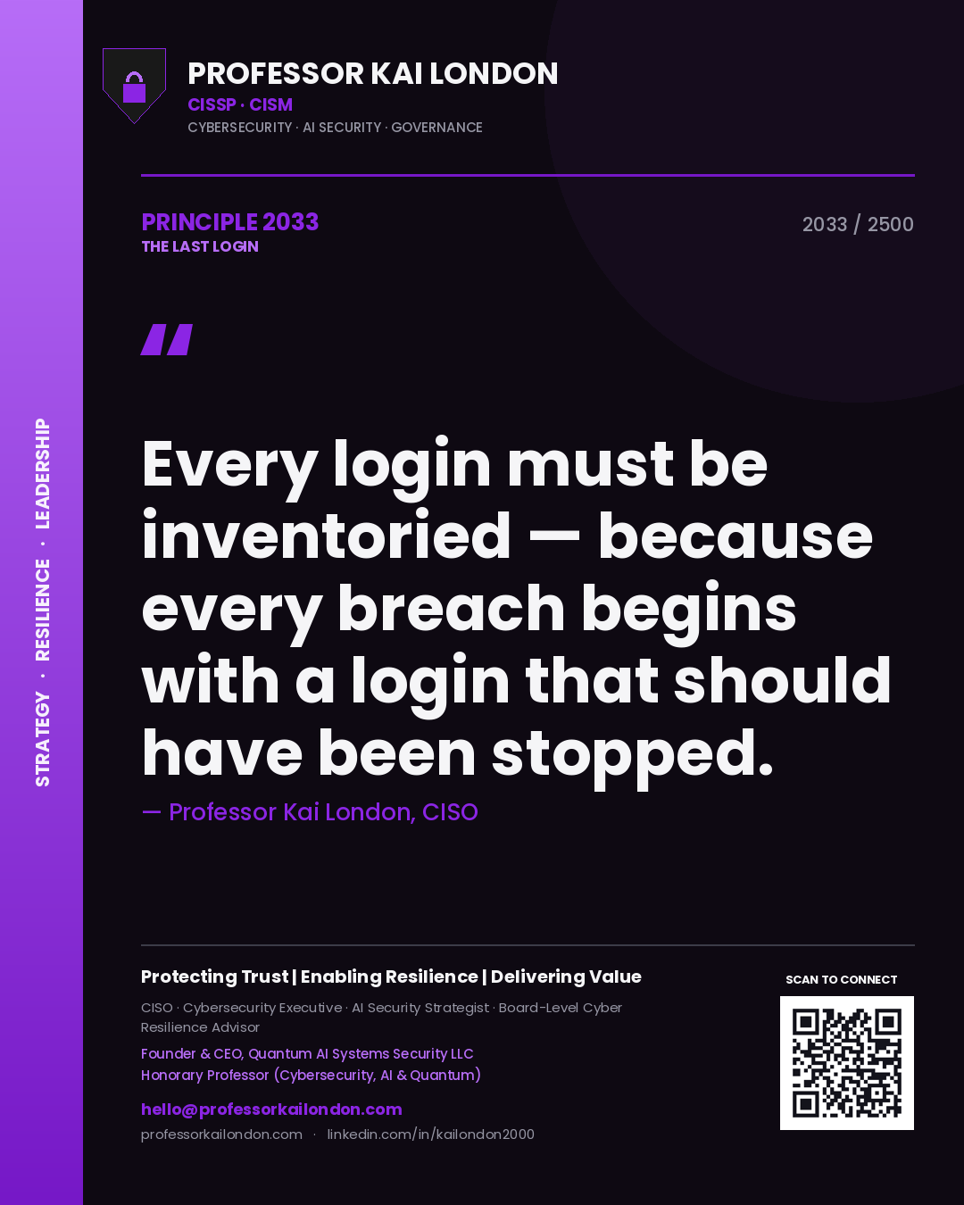Quote card by Professor Kai London reading 'Every login must be inventoried — because every breach begins with a login that should have been stopped.'. From the book The Last Login.