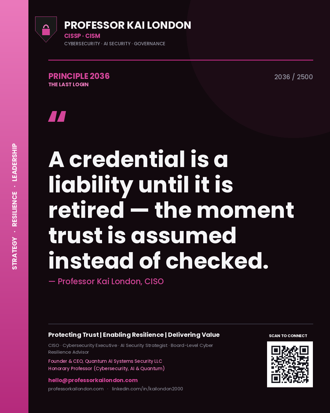 Quote card by Professor Kai London reading 'A credential is a liability until it is retired — the moment trust is assumed instead of checked.'. From the book The Last Login.