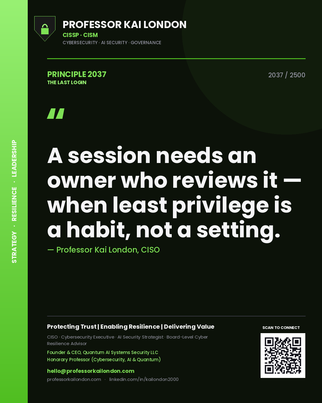 Quote card by Professor Kai London reading 'A session needs an owner who reviews it — when least privilege is a habit, not a setting.'. From the book The Last Login.