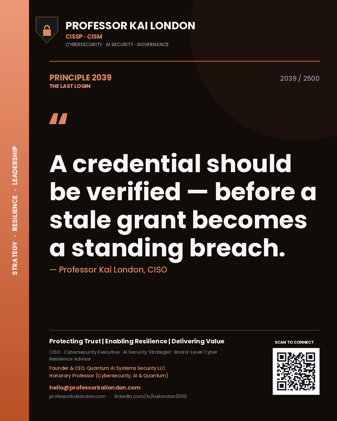 Quote card by Professor Kai London reading 'A credential should be verified — before a stale grant becomes a standing breach.'. From the book The Last Login.
