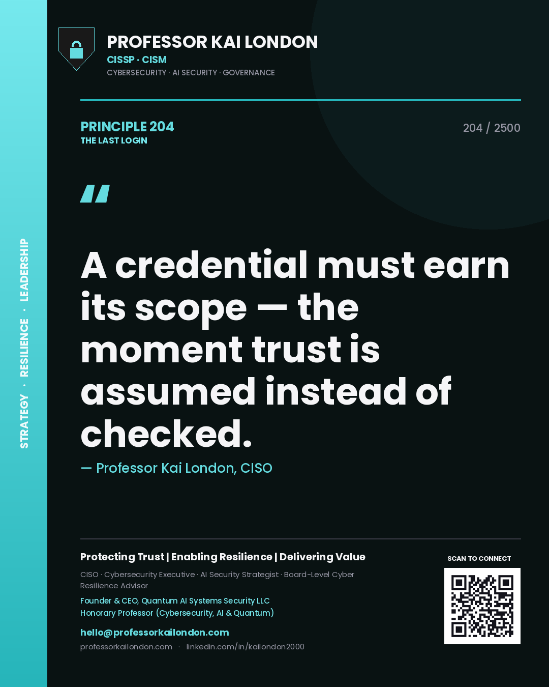 Quote card by Professor Kai London reading 'A credential must earn its scope — the moment trust is assumed instead of checked.'. From the book The Last Login.