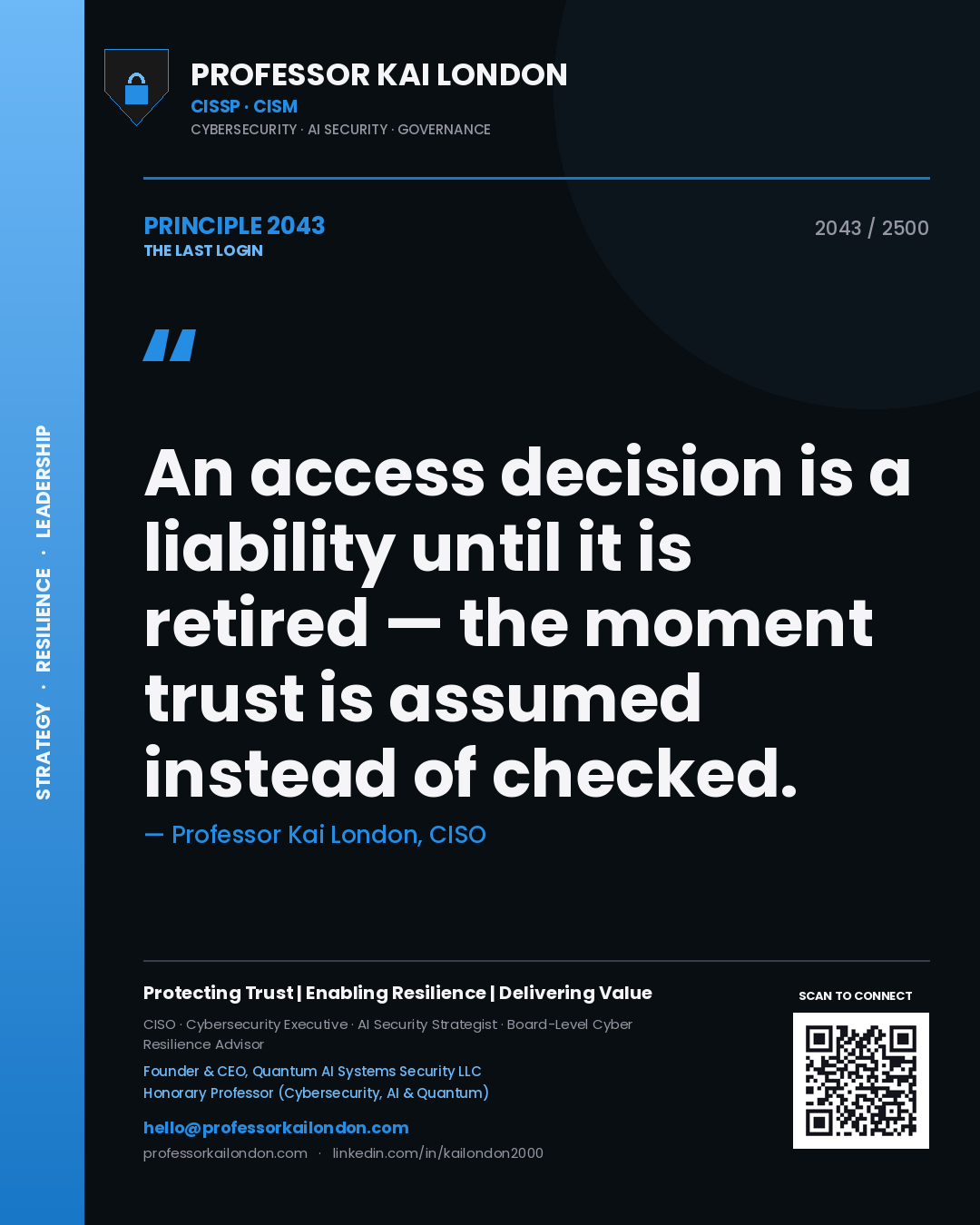Professor Kai London principle 2043: An access decision is a liability until it is retired — the moment trust is assumed instead of checked.