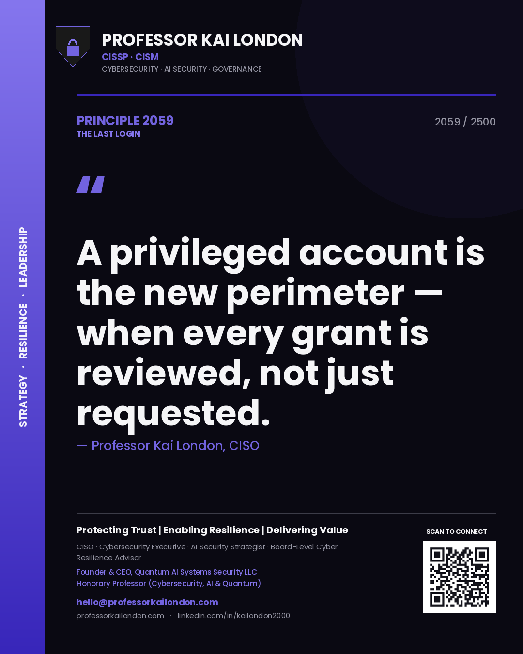 Professor Kai London principle 2059: A privileged account is the new perimeter — when every grant is reviewed, not just requested.