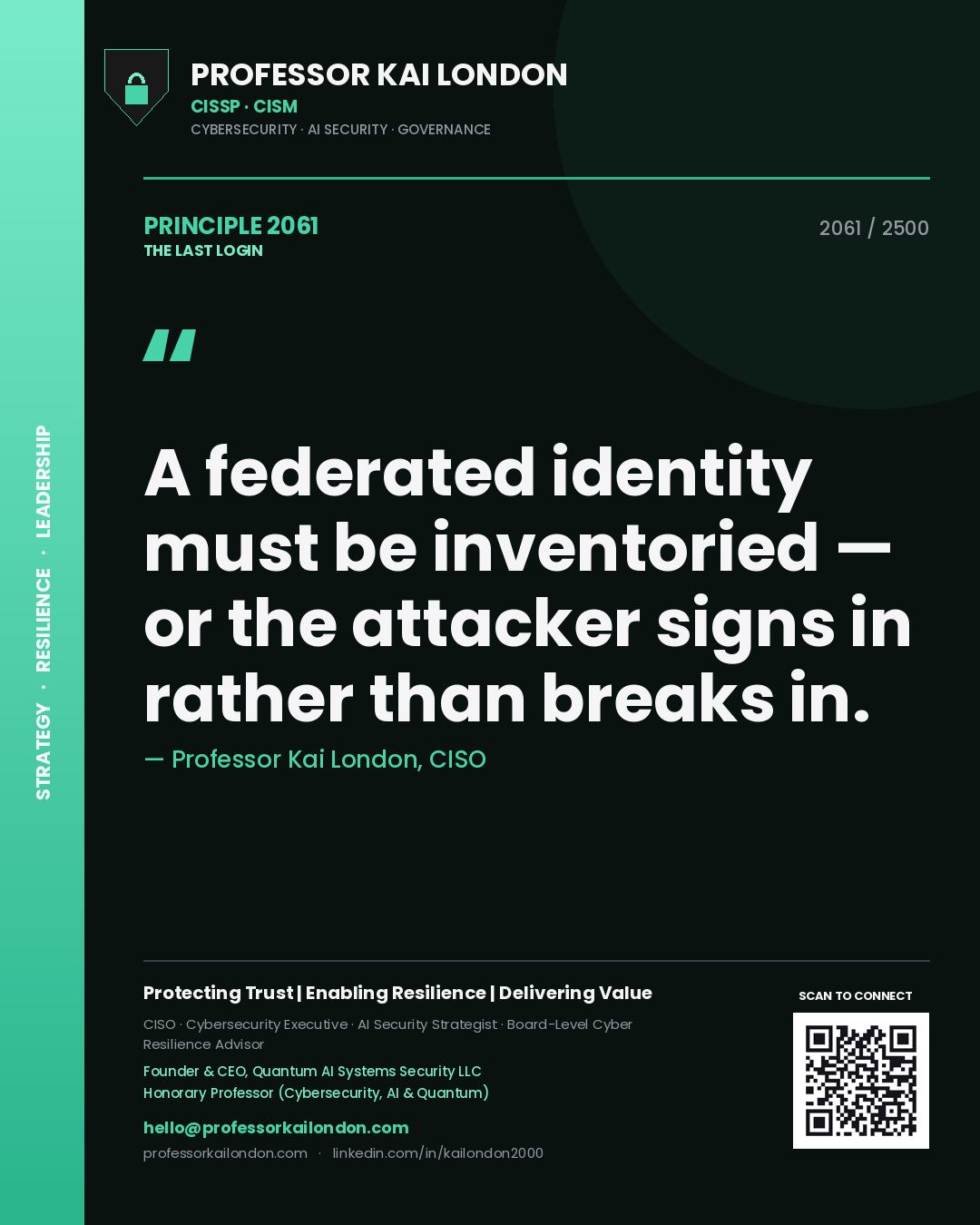 Quote card by Professor Kai London reading 'A federated identity must be inventoried — or the attacker signs in rather than breaks in.'. From the book The Last Login.