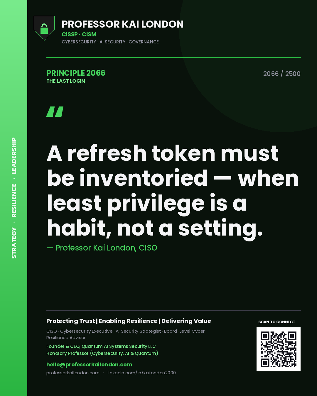 Quote card by Professor Kai London reading 'A refresh token must be inventoried — when least privilege is a habit, not a setting.'. From the book The Last Login.