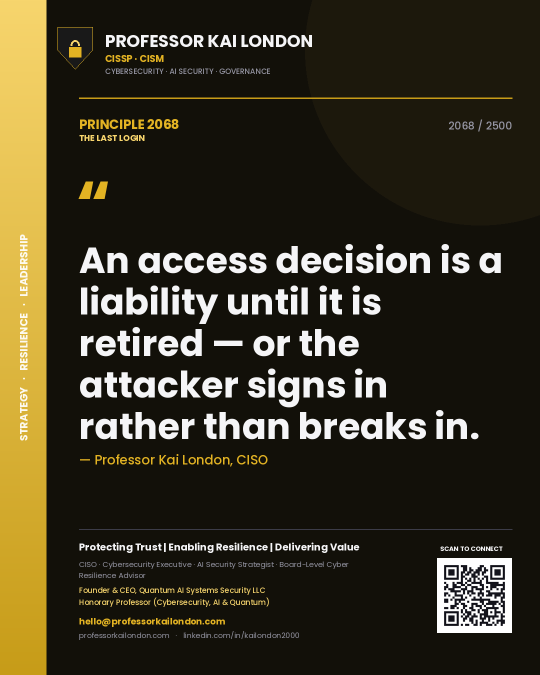 Quote card by Professor Kai London reading 'An access decision is a liability until it is retired — or the attacker signs in rather than breaks in.'. From the book The Last Login.