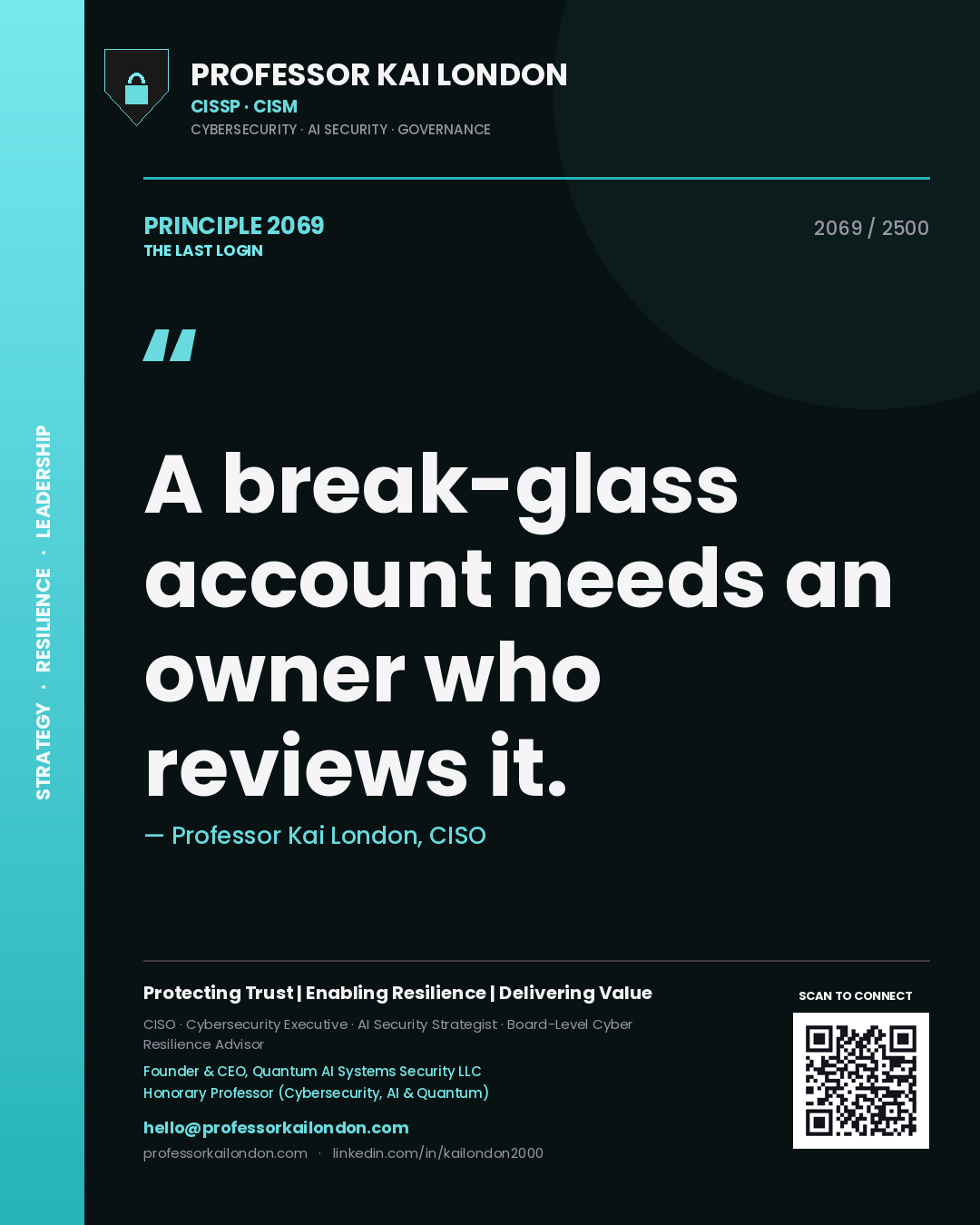 Quote card by Professor Kai London reading 'A break-glass account needs an owner who reviews it.'. From the book The Last Login.