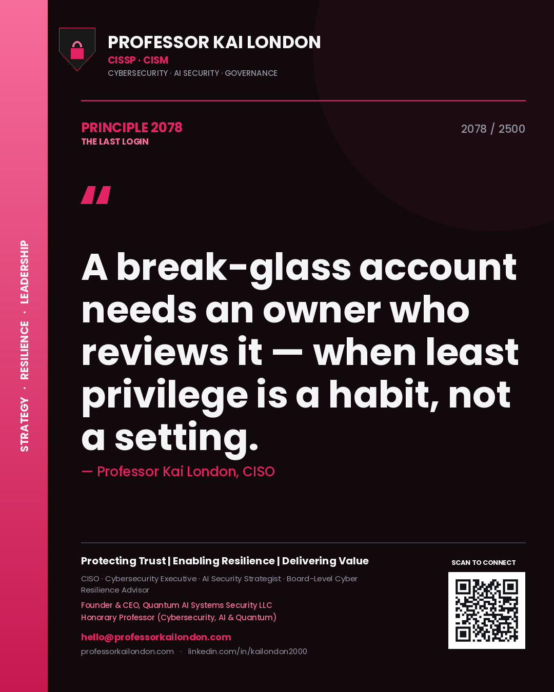 Quote card by Professor Kai London reading 'A break-glass account needs an owner who reviews it — when least privilege is a habit, not a setting.'. From the book The Last Login.