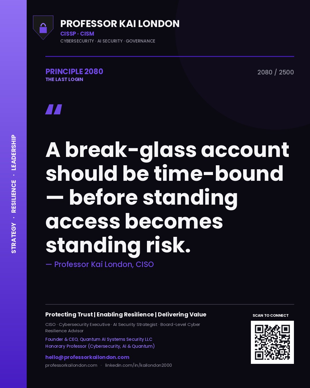 Quote card by Professor Kai London reading 'A break-glass account should be time-bound — before standing access becomes standing risk.'. From the book The Last Login.