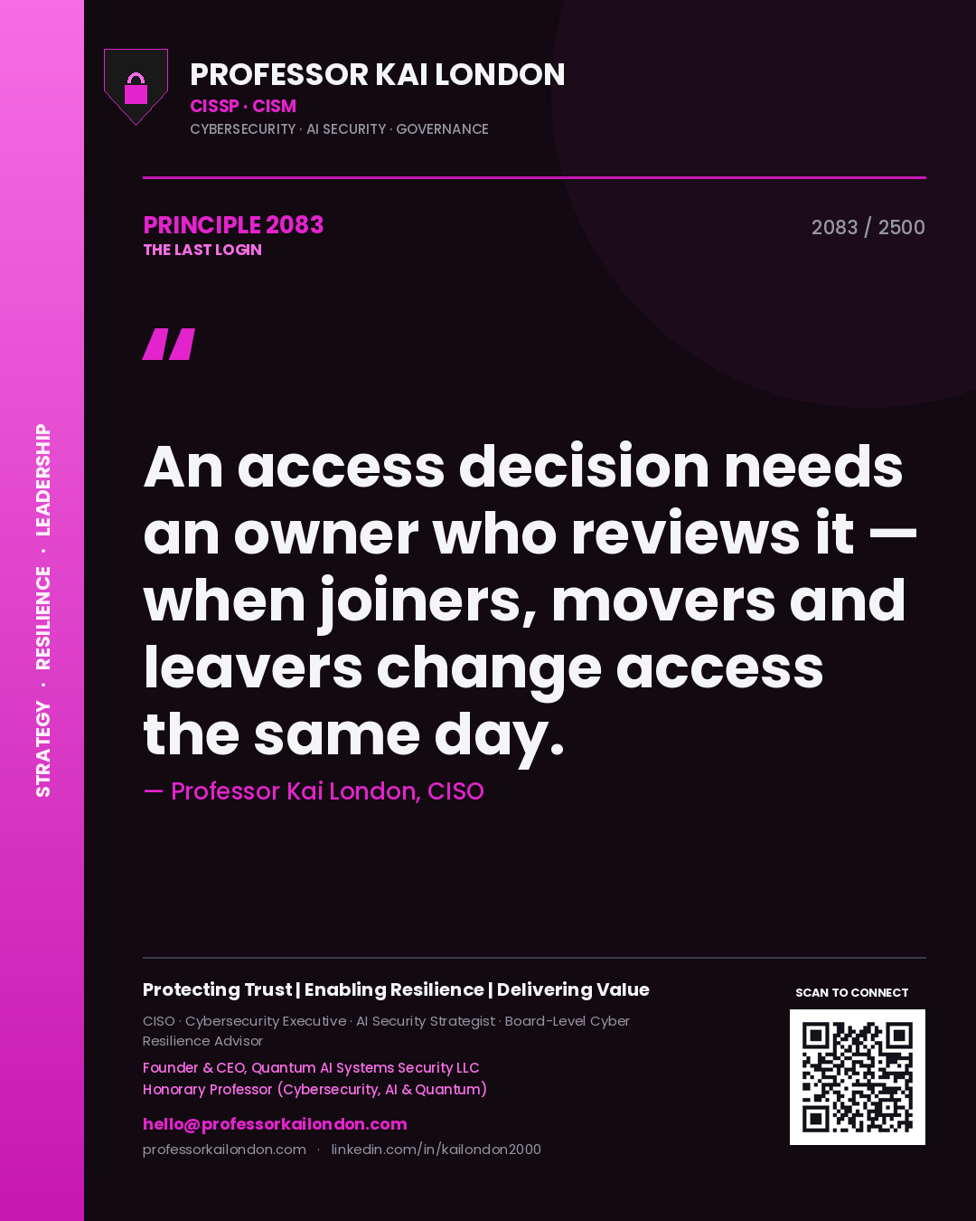 Quote card by Professor Kai London reading 'An access decision needs an owner who reviews it — when joiners, movers and leavers change access the same day.'. From the book The Last Login.