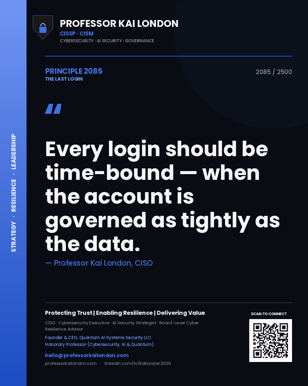 Professor Kai London principle 2085: Every login should be time-bound — when the account is governed as tightly as the data.