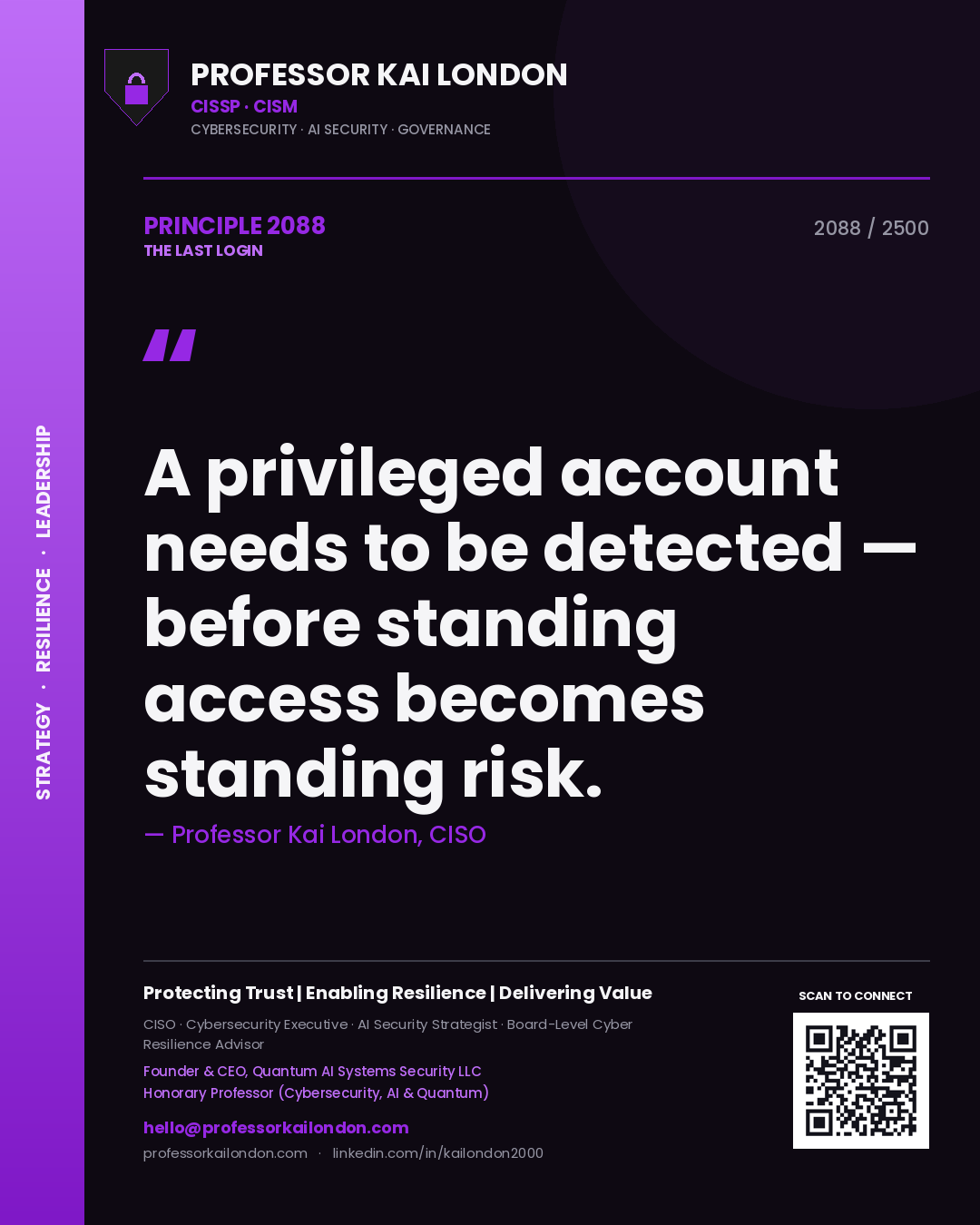 Quote card by Professor Kai London reading 'A privileged account needs to be detected — before standing access becomes standing risk.'. From the book The Last Login.