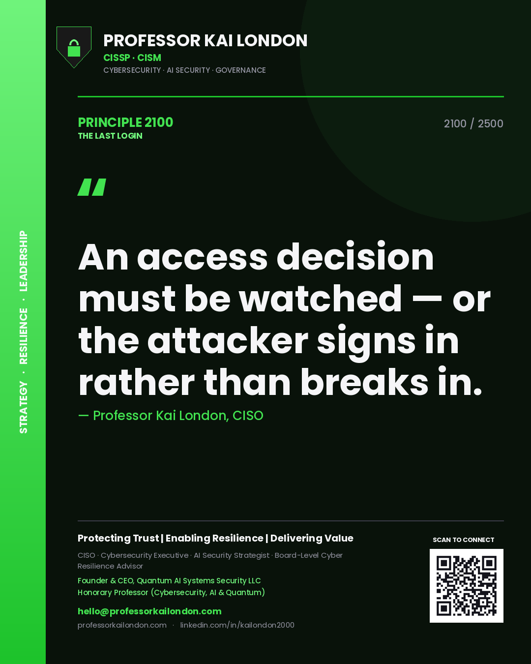 Quote card by Professor Kai London reading 'An access decision must be watched — or the attacker signs in rather than breaks in.'. From the book The Last Login.
