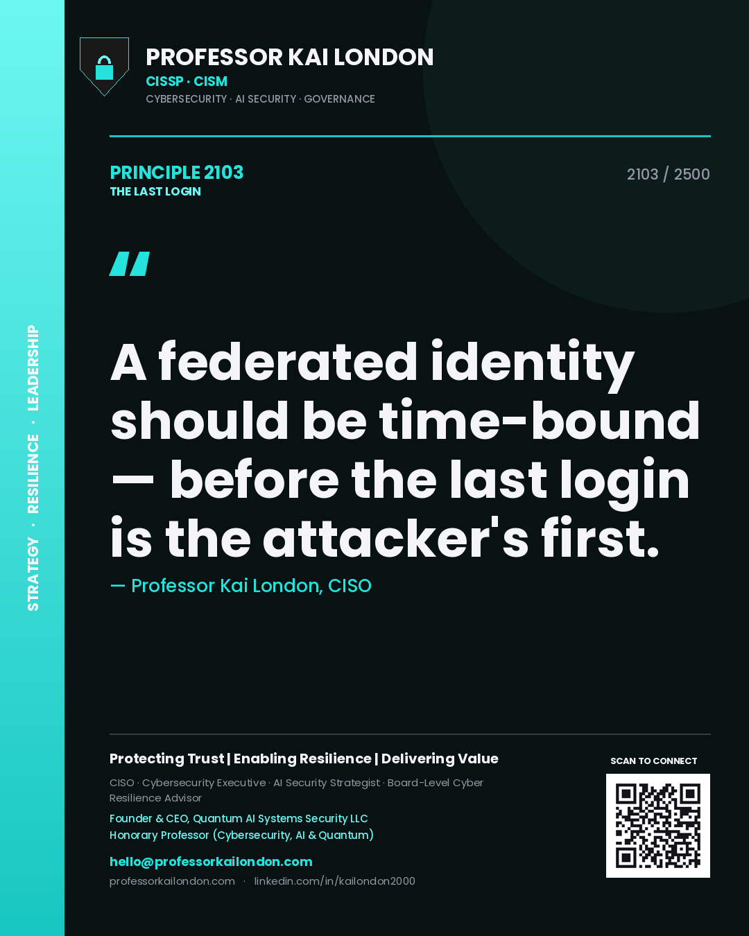 Quote card by Professor Kai London reading 'A federated identity should be time-bound — before the last login is the attacker's first.'. From the book The Last Login.
