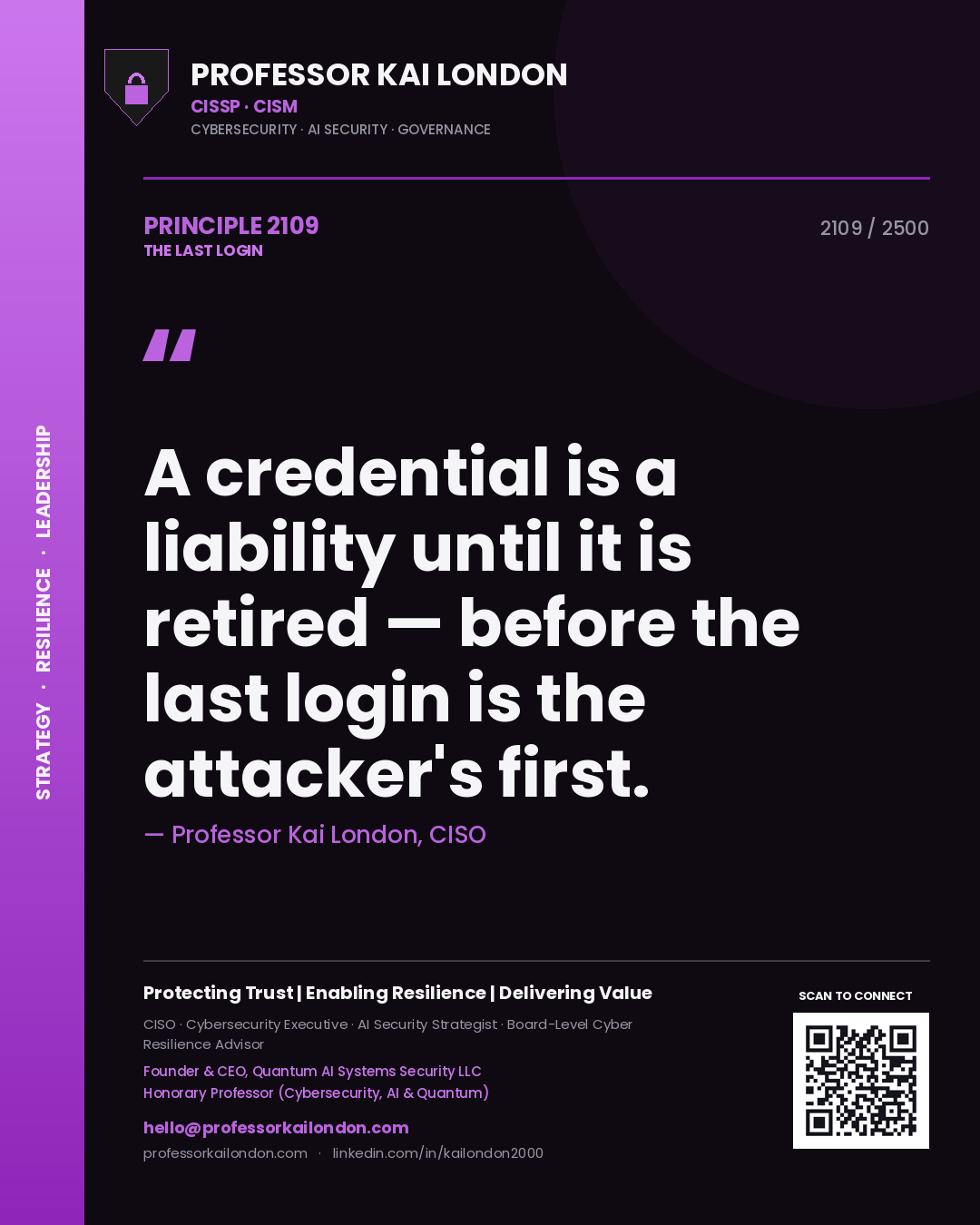 Quote card by Professor Kai London reading 'A credential is a liability until it is retired — before the last login is the attacker's first.'. From the book The Last Login.