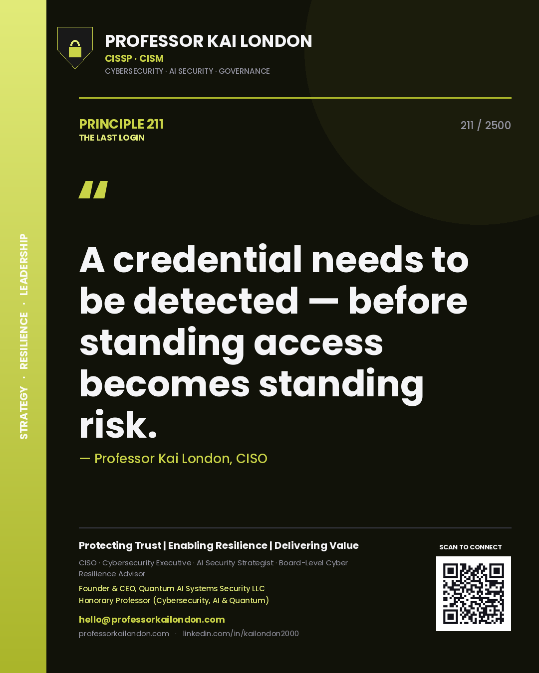 Quote card by Professor Kai London reading 'A credential needs to be detected — before standing access becomes standing risk.'. From the book The Last Login.