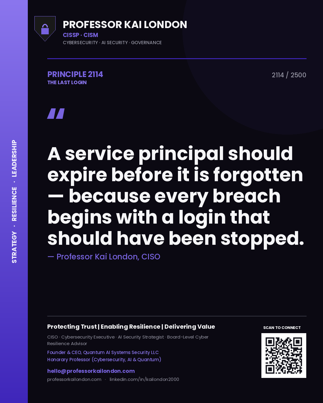 Quote card by Professor Kai London reading 'A service principal should expire before it is forgotten — because every breach begins with a login that should have been stopped.'. From the book The Last Login.