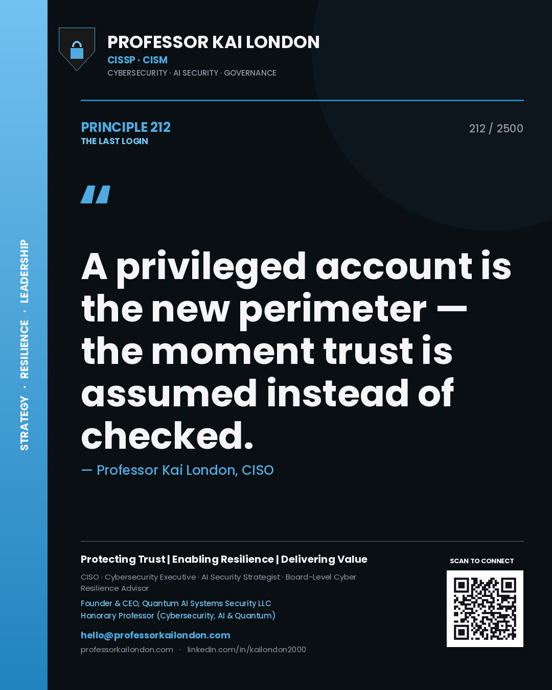 Quote card by Professor Kai London reading 'A privileged account is the new perimeter — the moment trust is assumed instead of checked.'. From the book The Last Login.