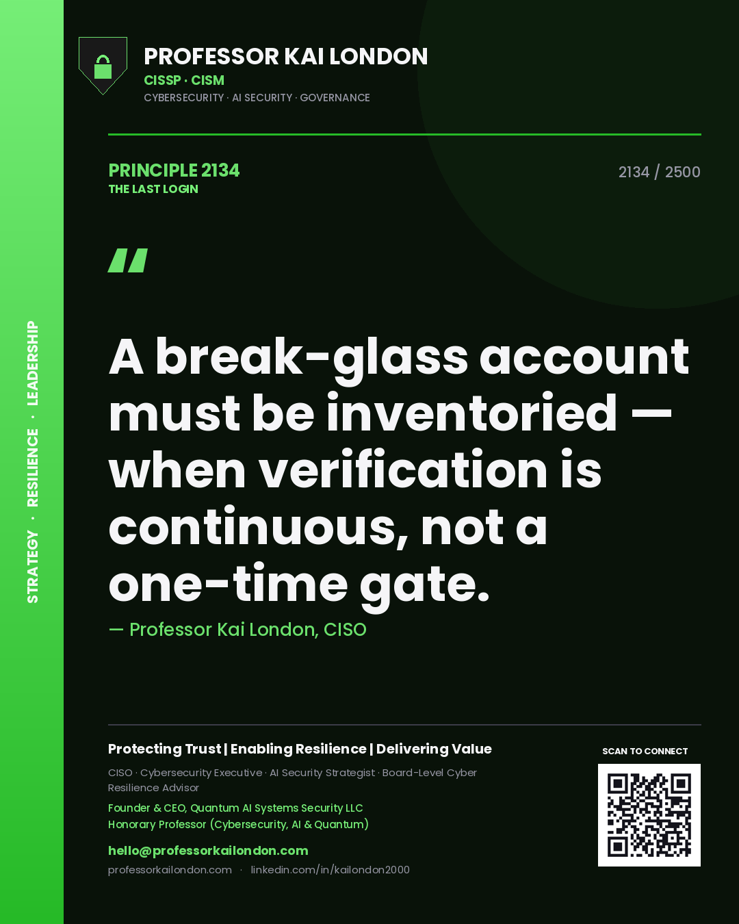 Quote card by Professor Kai London reading 'A break-glass account must be inventoried — when verification is continuous, not a one-time gate.'. From the book The Last Login.