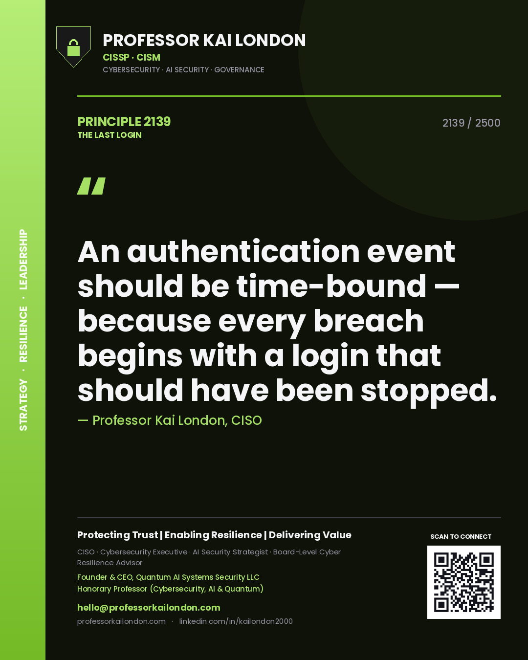 Quote card by Professor Kai London reading 'An authentication event should be time-bound — because every breach begins with a login that should have been stopped.'. From the book The Last Login.
