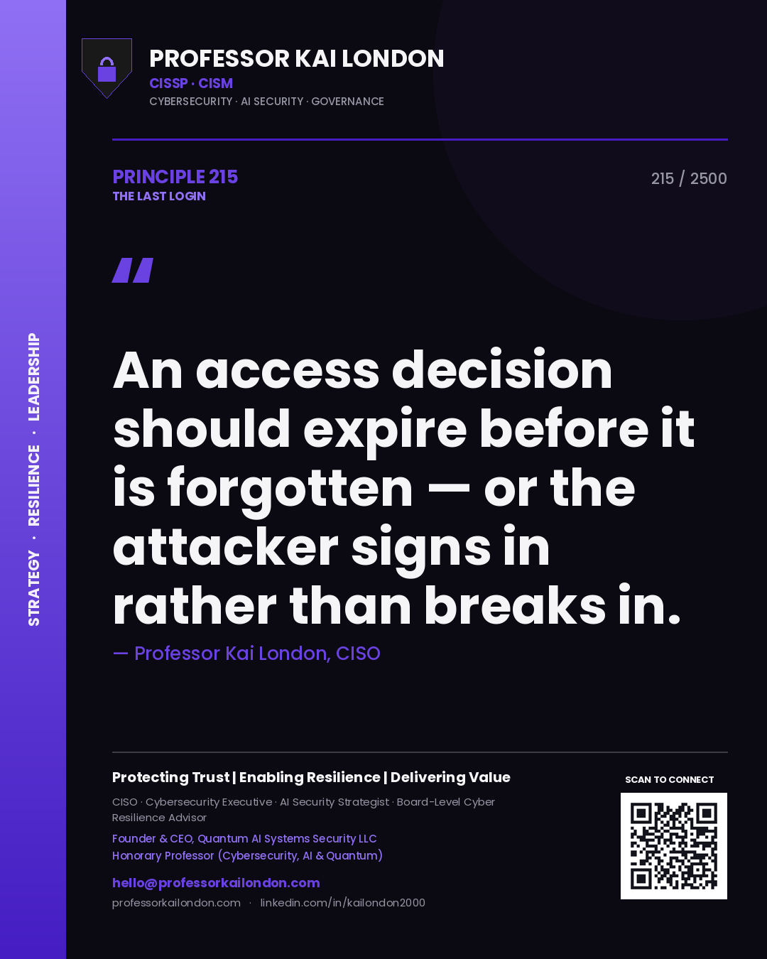 Professor Kai London principle 215: An access decision should expire before it is forgotten — or the attacker signs in rather than breaks in.