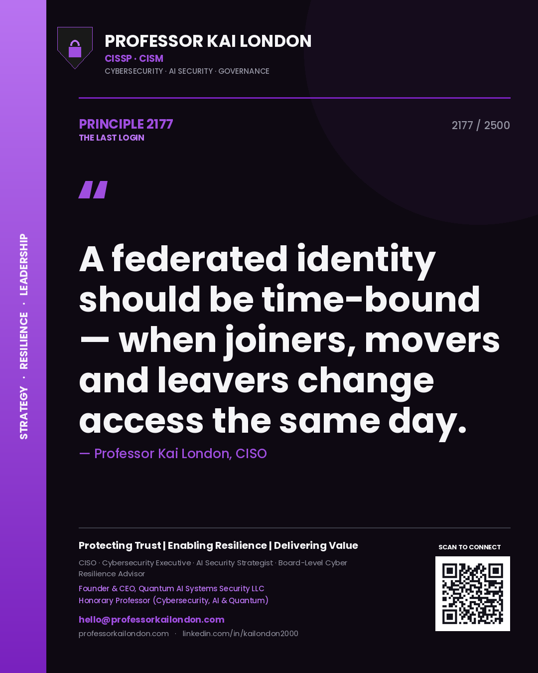 Quote card by Professor Kai London reading 'A federated identity should be time-bound — when joiners, movers and leavers change access the same day.'. From the book The Last Login.