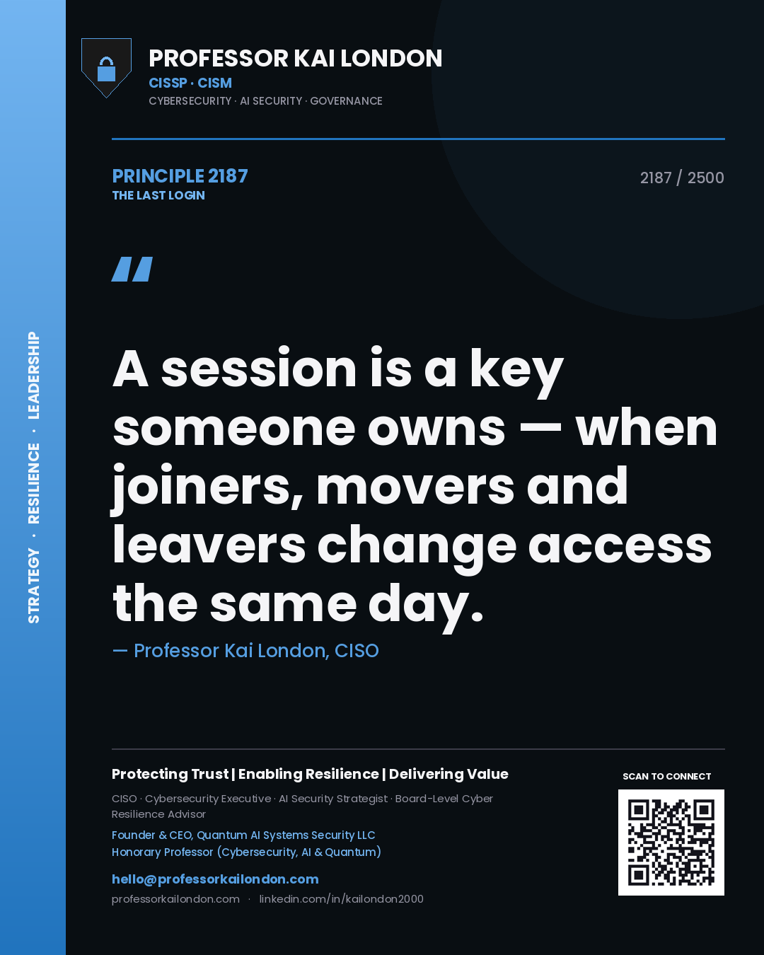 Quote card by Professor Kai London reading 'A session is a key someone owns — when joiners, movers and leavers change access the same day.'. From the book The Last Login.