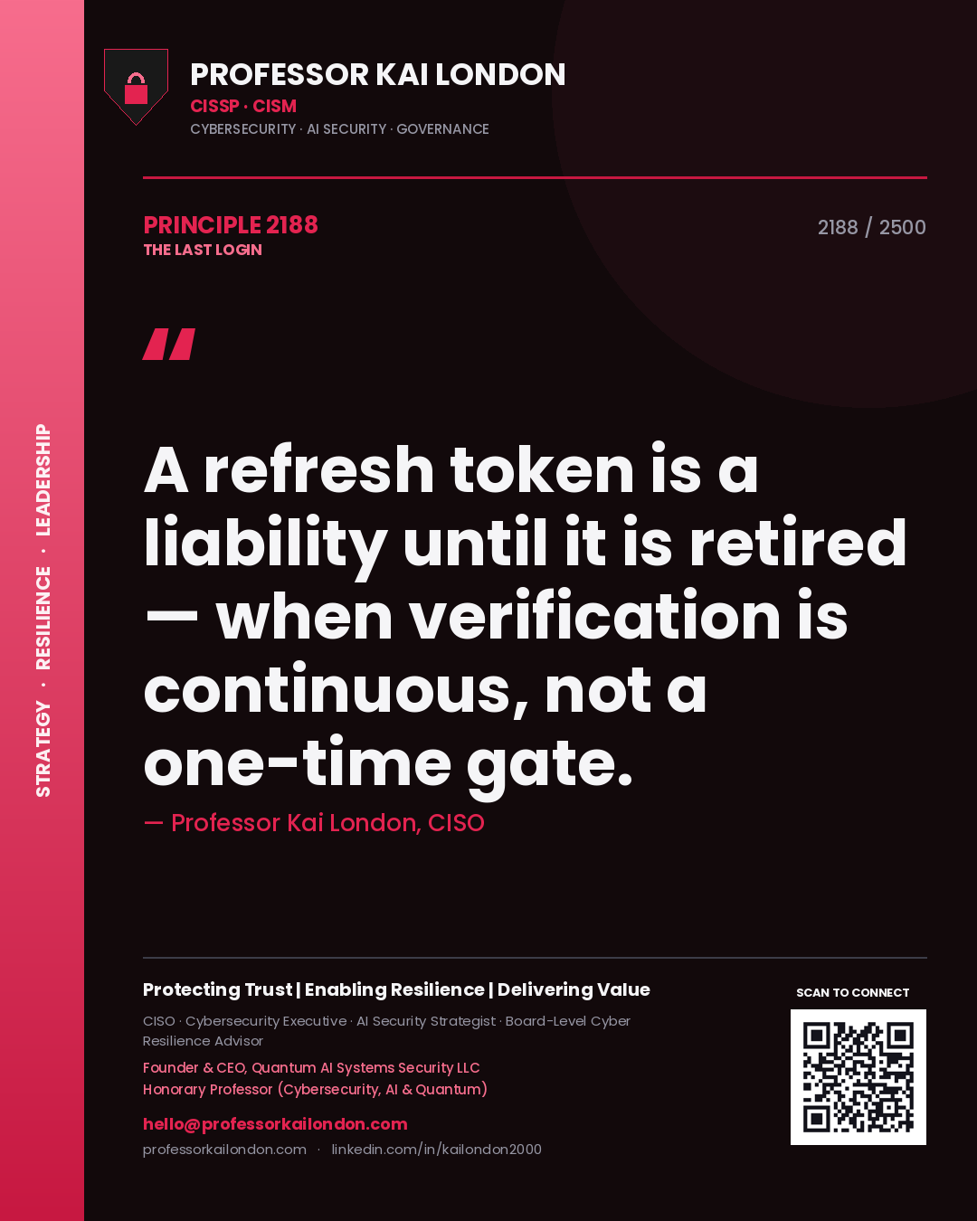 Quote card by Professor Kai London reading 'A refresh token is a liability until it is retired — when verification is continuous, not a one-time gate.'. From the book The Last Login.