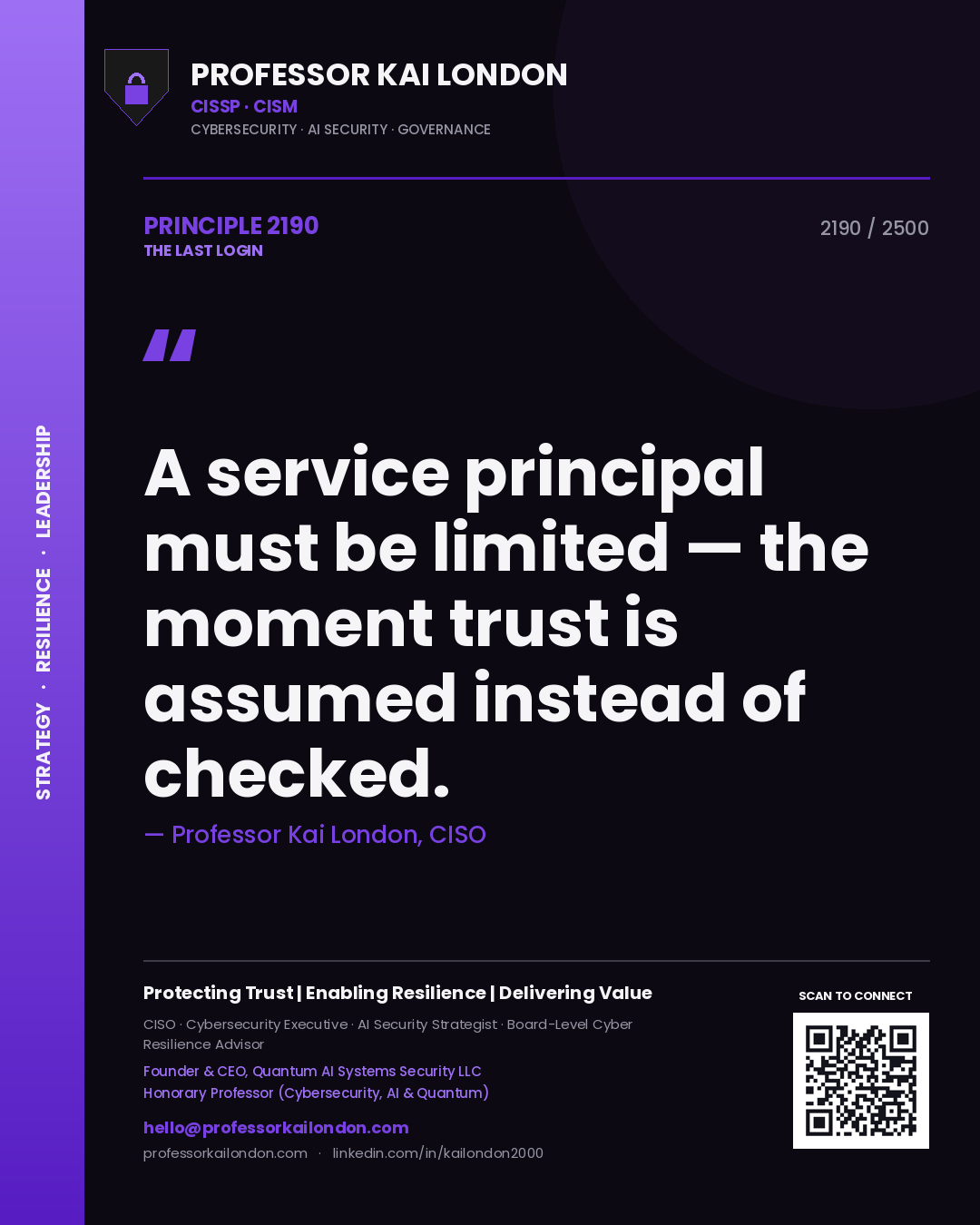 Professor Kai London principle 2190: A service principal must be limited — the moment trust is assumed instead of checked.