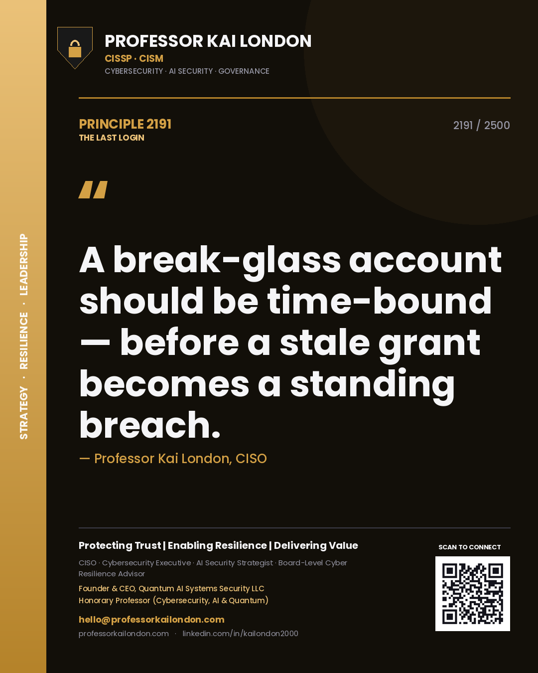 Quote card by Professor Kai London reading 'A break-glass account should be time-bound — before a stale grant becomes a standing breach.'. From the book The Last Login.