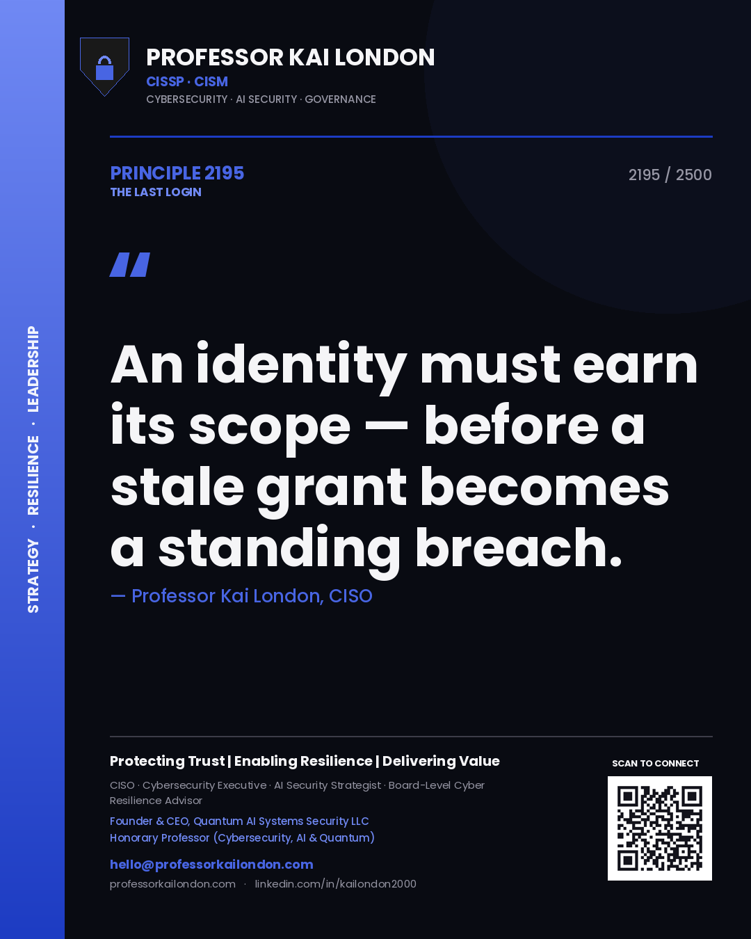 Quote card by Professor Kai London reading 'An identity must earn its scope — before a stale grant becomes a standing breach.'. From the book The Last Login.