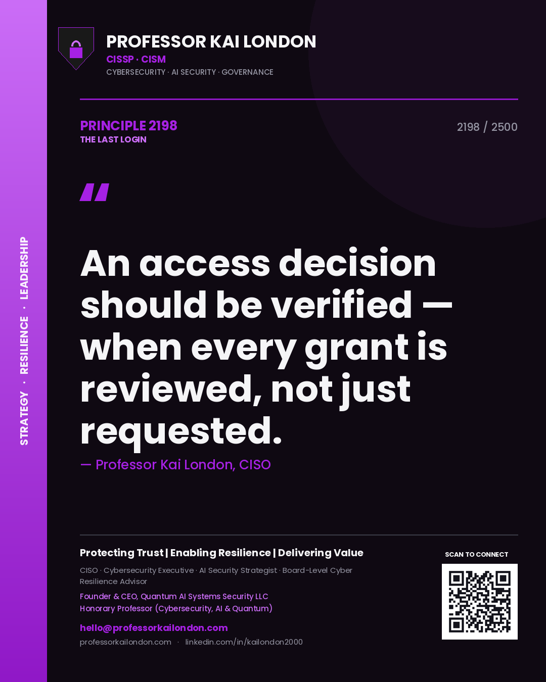 Quote card by Professor Kai London reading 'An access decision should be verified — when every grant is reviewed, not just requested.'. From the book The Last Login.